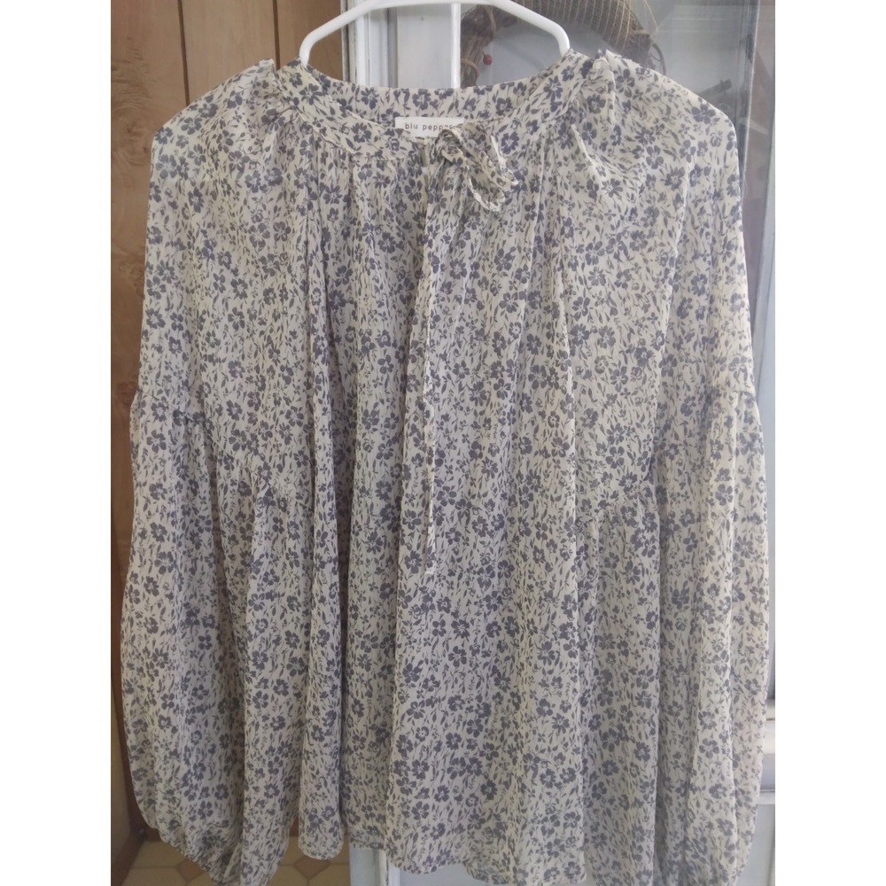 Blu Pepper Floral Cottagecore peasant full Long Sleeve Blouse with tie neck